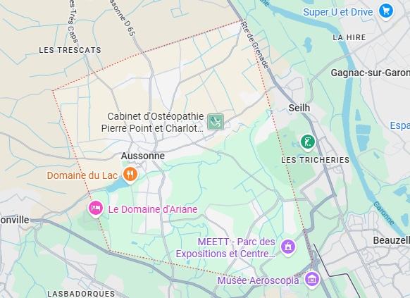 Plan de la zone Aussonne et Seilh : MEETT et Aeroscopia Carte d'Aussonne et Seilh avec le MEETT, le Musée Aeroscopia, la Garonne et les limites communales en pointillés rouges.